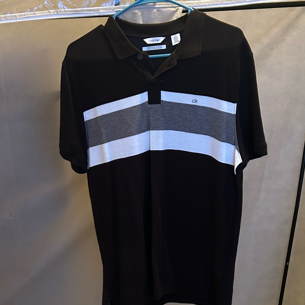 Calvin Klein Black Polo with Gray and White Chest Bands